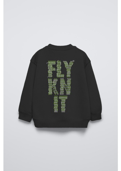 Siyah Bisiklet Yaka Collective Yazılı Arka Fly Kn It Yazılı Oversize Çocuk Sweatshirt