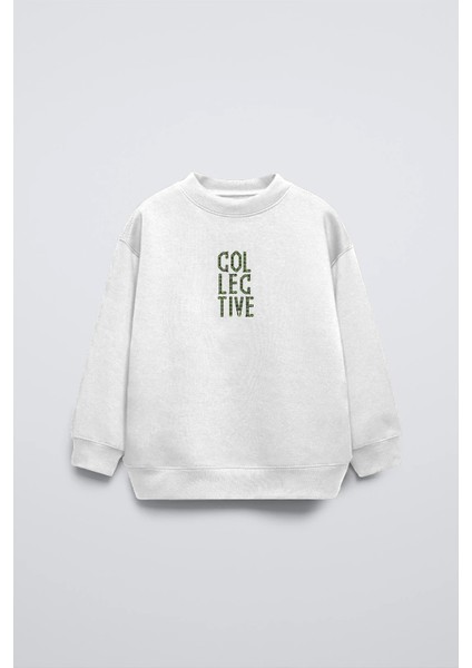 Beyaz Bisiklet Yaka Collective Yazılı Arka Fly Kn It Yazılı Oversize Çocuk Sweatshirt