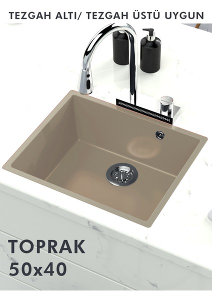 Granit Eviye Tek Gözlü Toprak 50 x 40 Evye Kuvars Tezgah Altına Uygun