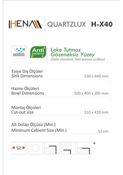 Granit Eviye Tek Gözlü Toprak 50 x 40 Evye Kuvars Tezgah Altına Uygun