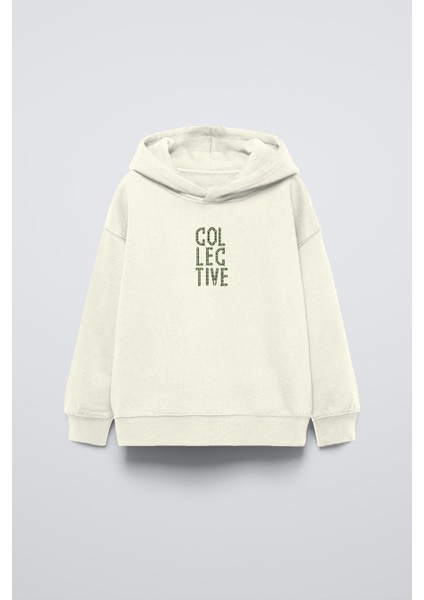 Krem Kapüşonlu Collective Yazılı Arka Fly Kn It Yazılı Oversize Çocuk Sweatshirt