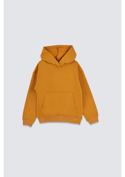 Basic Kapüşonlu Şardonlu Kanguru Cep Detaylı Çocuk Sweatshirt 3-10 Yaş Hardal