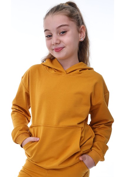 Basic Kapüşonlu Şardonlu Kanguru Cep Detaylı Çocuk Sweatshirt 3-10 Yaş Hardal fiyatları