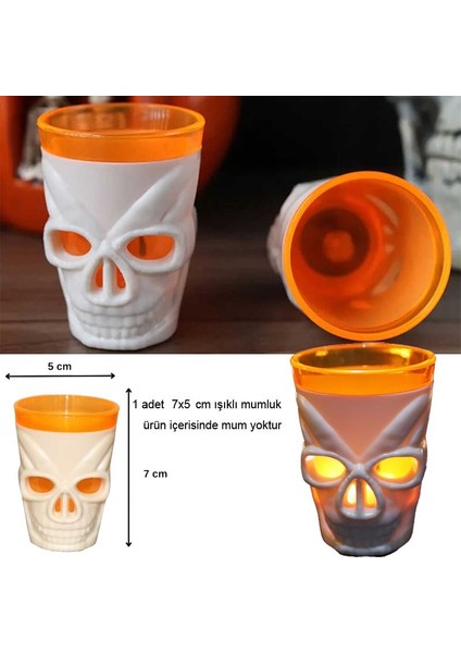 Halloween Turuncu Beyaz Renk Plastik Işıklı Kurukafa Mumluk 7x5 cm 1 Adet