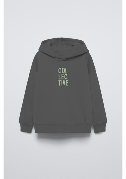 Füme Kapüşonlu Collective Yazılı Arka Fly Kn It Yazılı Oversize Çocuk Sweatshirt