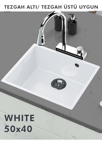 Granit Eviye Tek Gözlü Beyaz 50 x 40 Evye Kuvars Tezgah Altına Uygun