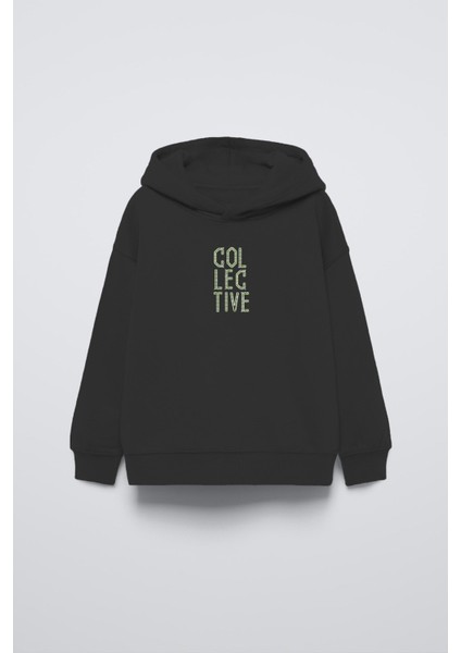 Siyah Kapüşonlu Collective Yazılı Arka Fly Kn It Yazılı Oversize Çocuk Sweatshirt