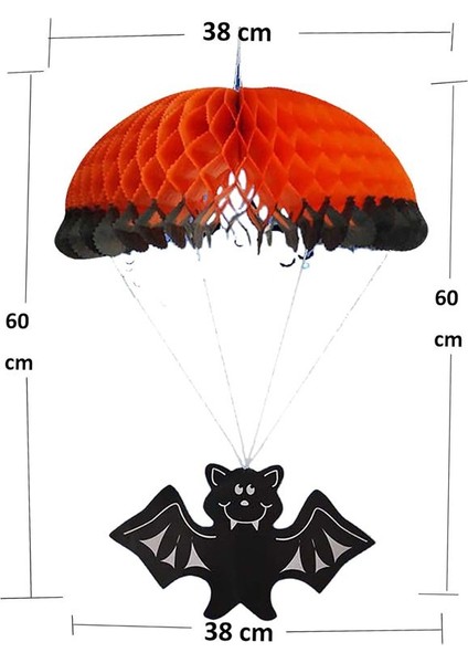 Paraşütle Atlayan Yarasa Figürlü Halloween Turuncu Renk Petek Asma Süs