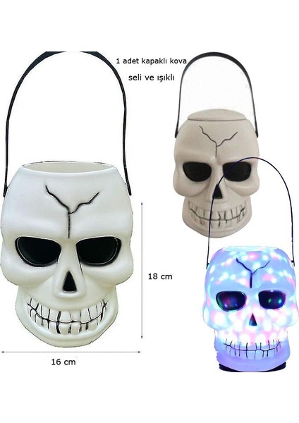 Sesli Işıklı Kuru Kafa Şeklinde Halloween Kapaklı Şeker Toplama Kovası Plastik 1 Adet