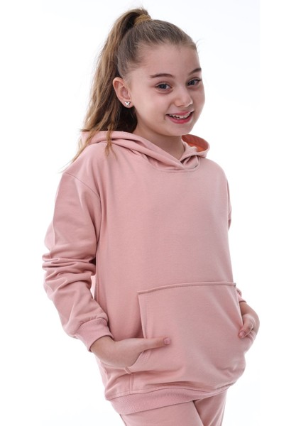 Basic Kapüşonlu Şardonlu Kanguru Cep Detaylı Çocuk Sweatshirt 3-10 Yaş Pudra fiyatları