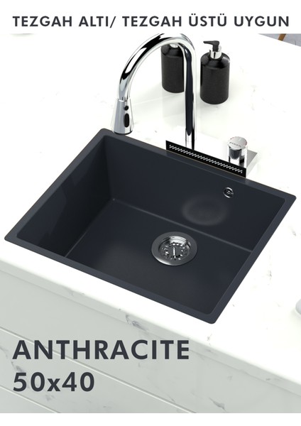 Granit Eviye Tek Gözlü Antrasit 50 x 40 Evye Kuvars Tezgah Altına Uygun