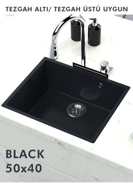 Granit Eviye Tek Gözlü Siyah 50 x 40 Evye Kuvars Tezgah Altına Uygun