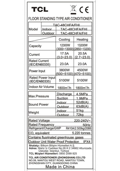 TAC-48CHFA/FHI 48.000 Btu MONOFAZE+WİFİ ÖZELLİKLİ Salon Tipi Klima (MONTAJ DAHİL)