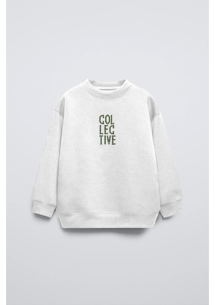 Beyaz Bisiklet Yaka Collective Yazılı Arka Fly Kn It Yazılı Oversize Çocuk Sweatshirt
