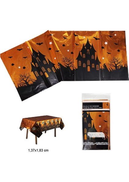 Halloween Mezarlıklı Perili Evli Turuncu Siyah Renk Plastik Masa Örtüsü 1 Adet 137X183 cm