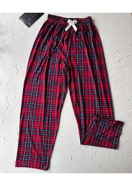 Lindros Kırmızı Siyah Ekose Desen Geniş Beden Seçenekli Kadife Pamuk Pijama Altı (S-4xl)