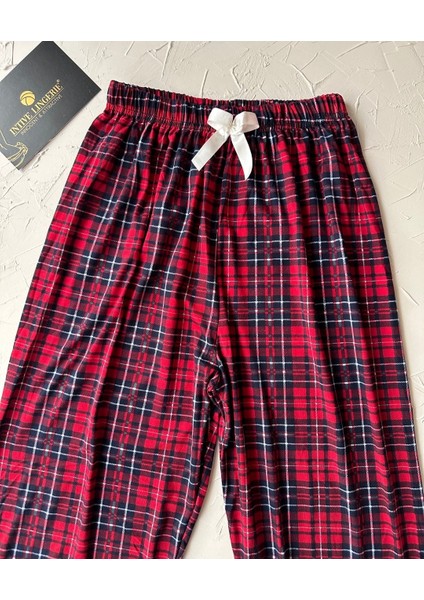 Lindros Kırmızı Siyah Ekose Desen Geniş Beden Seçenekli Kadife Pamuk Pijama Altı (S-4xl)