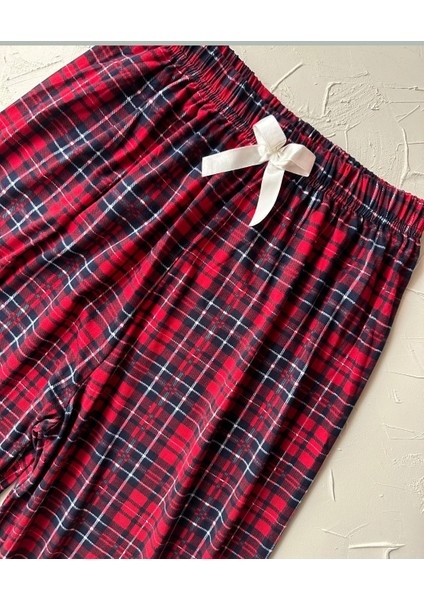 Lindros Kırmızı Siyah Ekose Desen Geniş Beden Seçenekli Kadife Pamuk Pijama Altı (S-4xl)