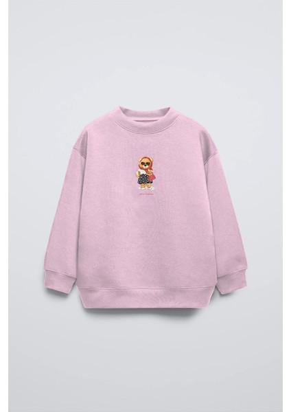 Pembe Bisiklet Yaka Retro Fashion Yazılı Puantiyeli Ayıcık Baskılı Oversize Çocuk Sweatshirt