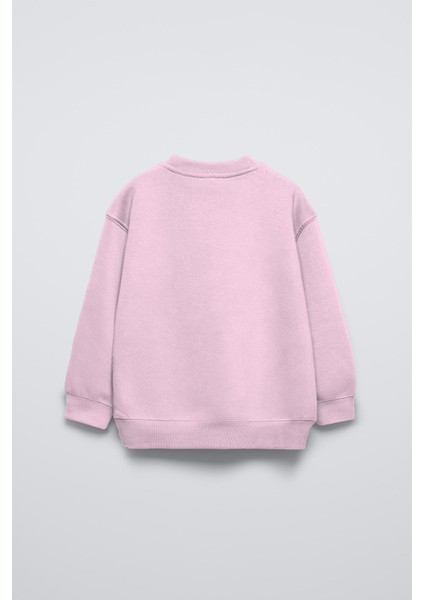 Pembe Bisiklet Yaka Retro Fashion Yazılı Puantiyeli Ayıcık Baskılı Oversize Çocuk Sweatshirt