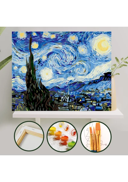 Palmiye Hobi Sanat Sayılarla Boyama Tuval Seti Fırça Boya Dahil (Çıtalı) 40x50 CM - Yıldızlı Gece