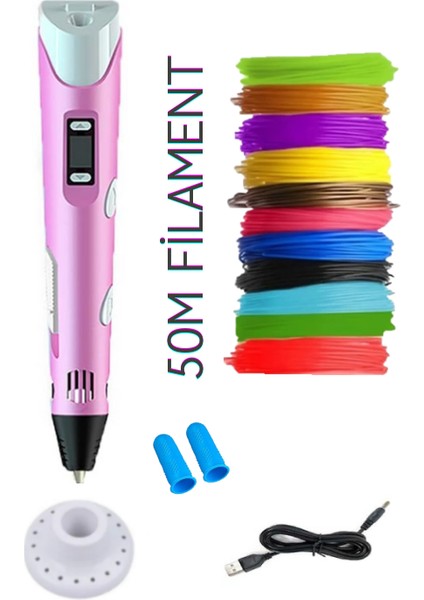 Pembe 3D Pen Üç Boyutlu Yazıcı Kalem 5 Metre 10 Adet Filament (50 Metre)