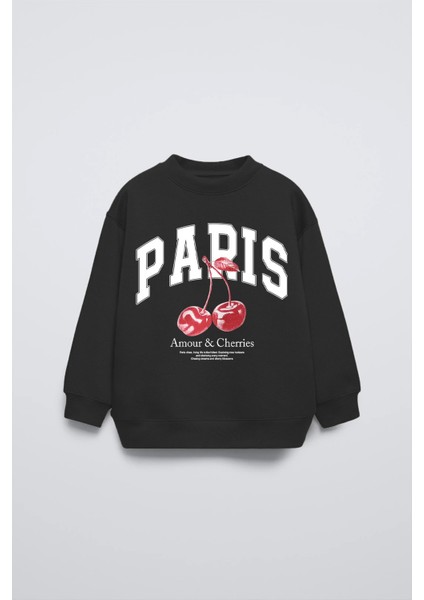 Siyah Bisiklet Yaka Paris Yazılı Cherries Baskılı Oversize Çocuk Sweatshirt