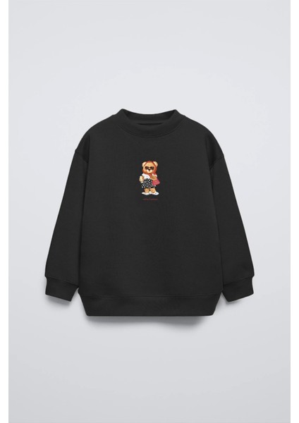Siyah Bisiklet Yaka Retro Fashion Yazılı Puantiyeli Ayıcık Baskılı Oversize Çocuk Sweatshirt