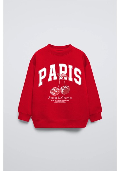 Kırmızı Bisiklet Yaka Paris Yazılı Cherries Baskılı Oversize Çocuk Sweatshirt