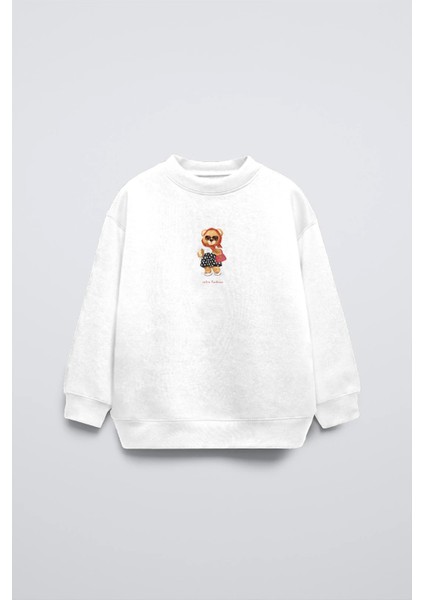 Beyaz Bisiklet Yaka Retro Fashion Yazılı Puantiyeli Ayıcık Baskılı Oversize Çocuk Sweatshirt
