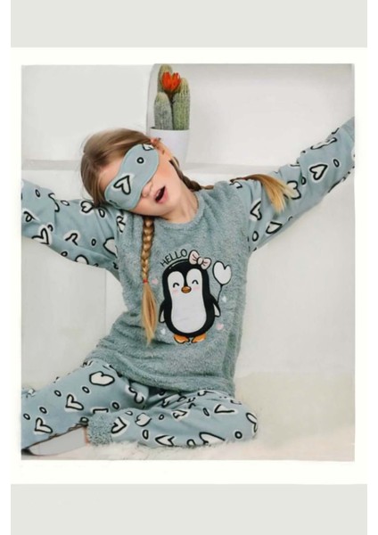 Kız Çocuk Penguenli Göz Bantlı Peluş Polarlı Pijama Takımı