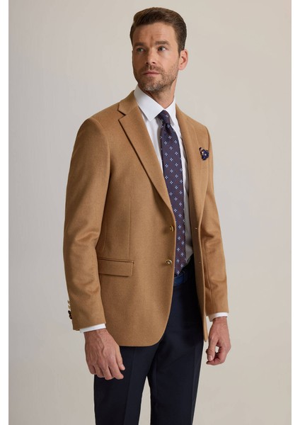 Erkek Camel Regular Fit Mono Yaka Yün-Kaşmir Karışımlı Blazer Ceket modelleri