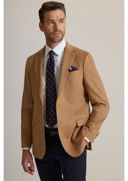 Erkek Camel Regular Fit Mono Yaka Yün-Kaşmir Karışımlı Blazer Ceket fırsatları