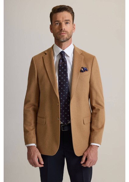 Erkek Camel Regular Fit Mono Yaka Yün-Kaşmir Karışımlı Blazer Ceket