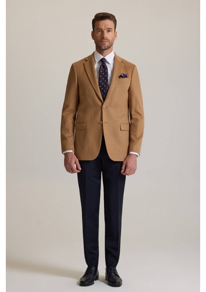 Erkek Camel Regular Fit Mono Yaka Yün-Kaşmir Karışımlı Blazer Ceket