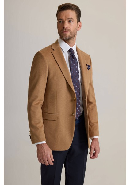 Erkek Camel Regular Fit Mono Yaka Yün-Kaşmir Karışımlı Blazer Ceket