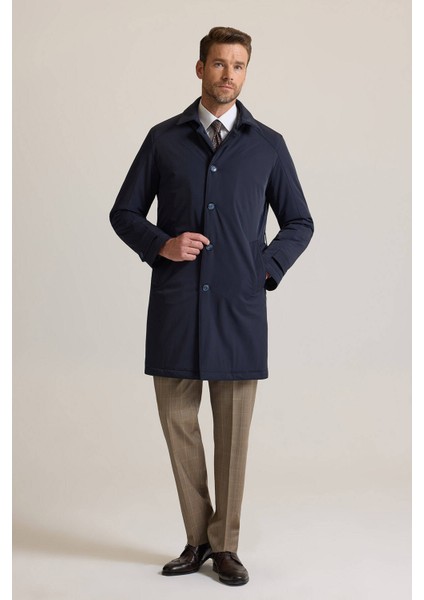 Erkek Lacivert Regular Fit Yakası Çıkmalı Kuşaklı Pardesü fiyatları