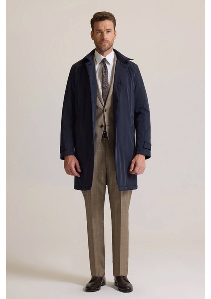 Erkek Lacivert Regular Fit Yakası Çıkmalı Kuşaklı Pardesü modelleri