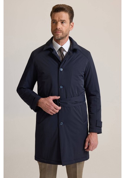 Erkek Lacivert Regular Fit Yakası Çıkmalı Kuşaklı Pardesü fırsatları