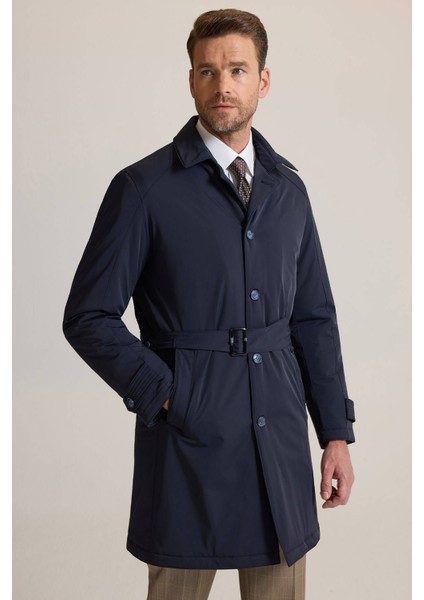Erkek Lacivert Regular Fit Yakası Çıkmalı Kuşaklı Pardesü indirimleri
