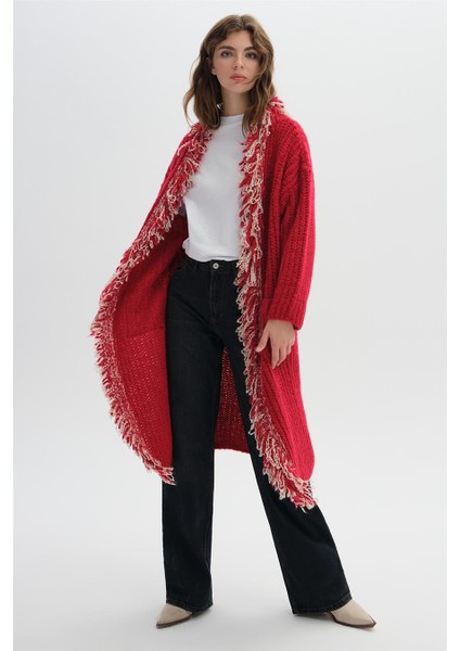 Kırmızı Uzun Püsküllü Triko Hırka fiyatları