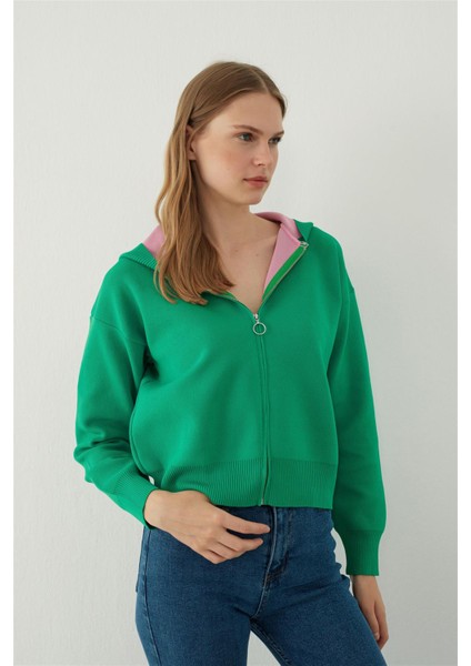 Yeşil Kapüşonlu Fermuarlı Sweatshirt