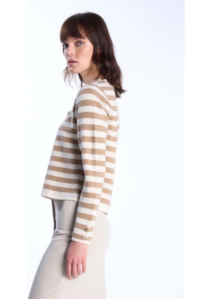 Camel Düğme Detaylı Çizgili Triko Kazak modelleri