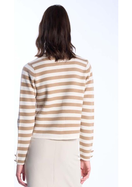Camel Düğme Detaylı Çizgili Triko Kazak indirimleri