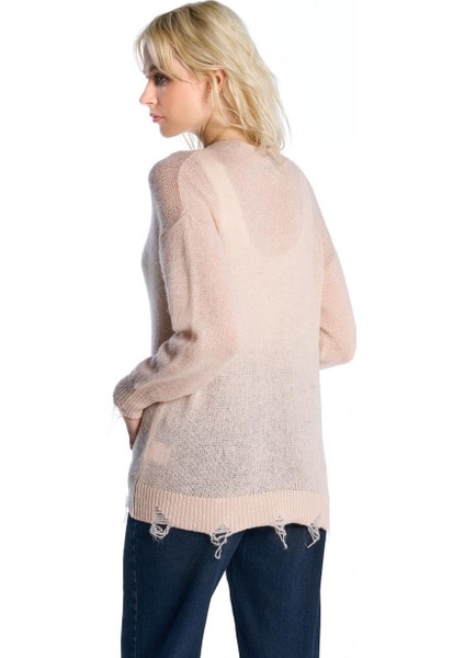 Pudra Yırtık Detaylı Triko Hırka