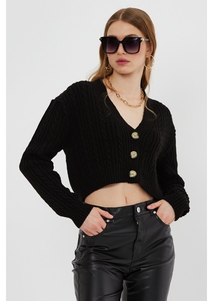 Siyah Saç Örgü Desenli Triko Hırka