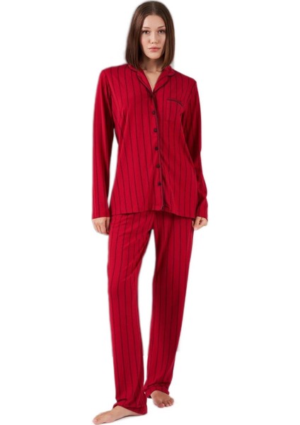 Kadın Bordo Boydan Düğmeli Pijama Takımı 26003