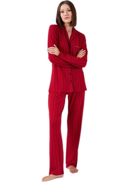 Kadın Bordo Boydan Düğmeli Pijama Takımı 26003 fırsatları