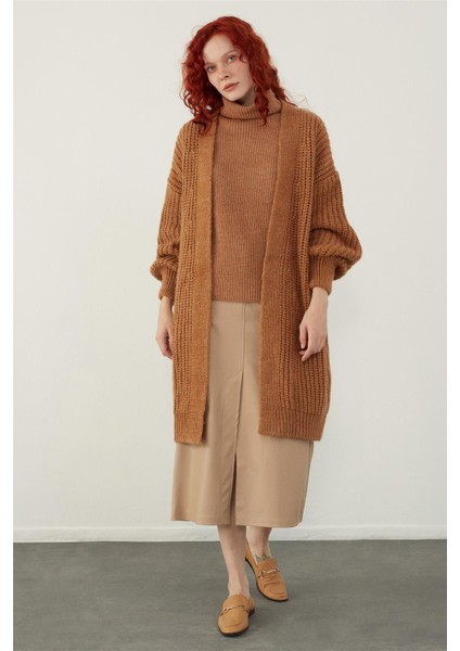 Kahve Oversize Önü Açık Uzun Triko Hırka