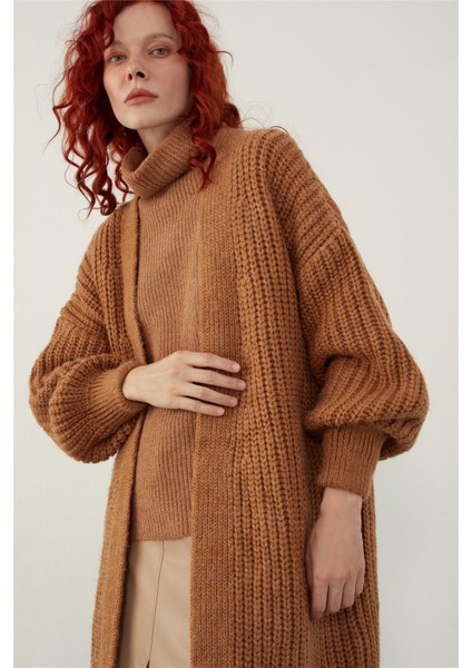 Kahve Oversize Önü Açık Uzun Triko Hırka